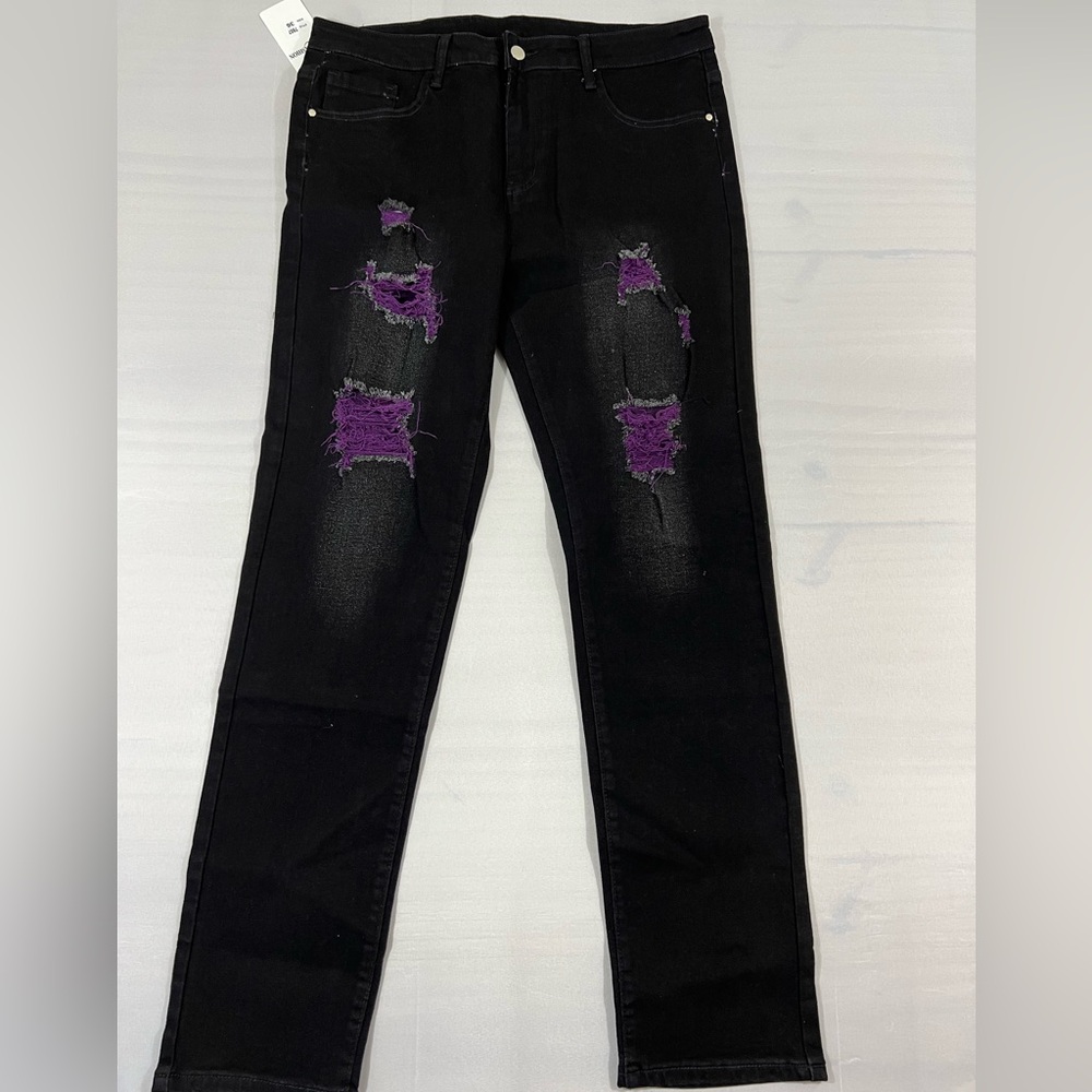 Stylish Black and Purple Distressed Skinny Jeans